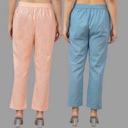 Combo of 2 Peach and Sky Blue Cotton Flax Women Trouser Pants-11371