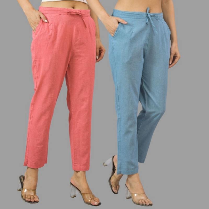 Combo of 2 Peach and Sky Blue Cotton Flax Women Trouser Pants-11408