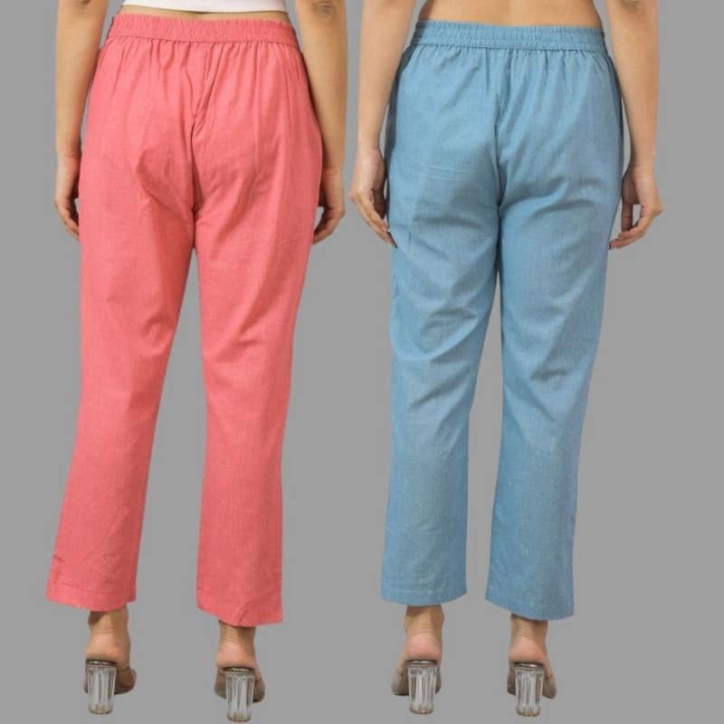 Combo of 2 Peach and Sky Blue Cotton Flax Women Trouser Pants-11408