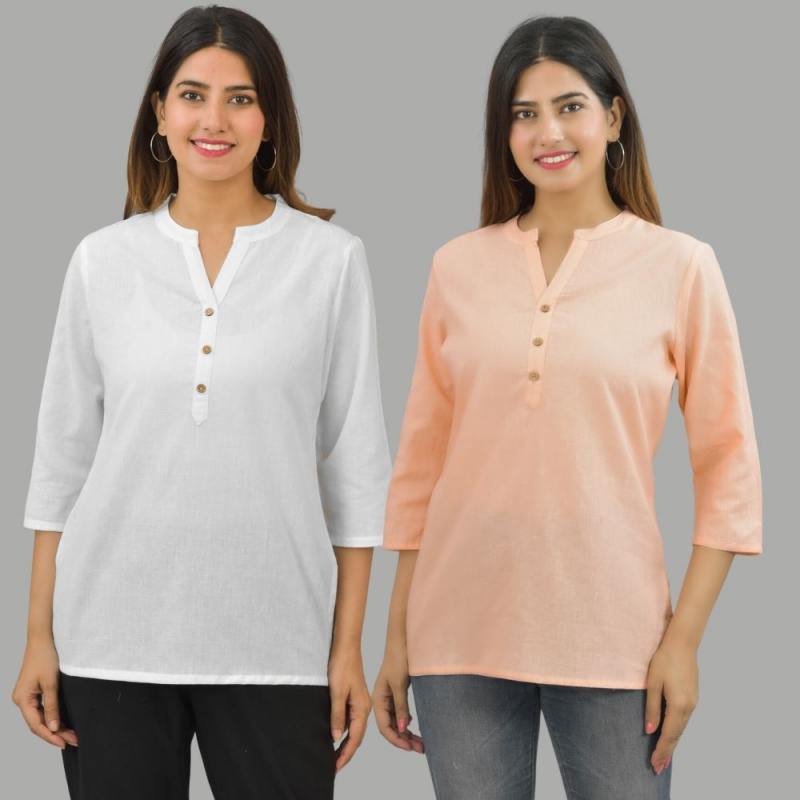 Combo of 2 Peach and White Cotton Flax Women Top-10680