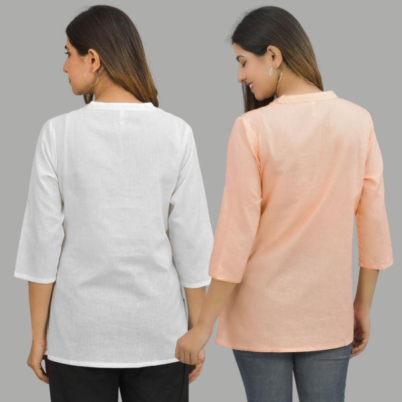 Combo of 2 Peach and White Cotton Flax Women Top-10680