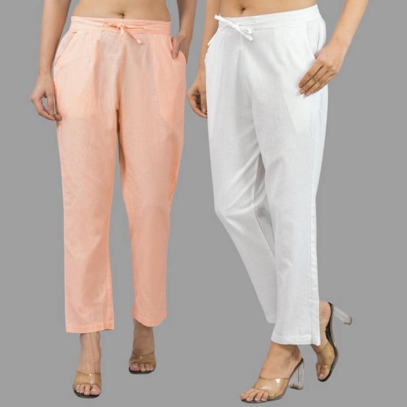 Combo of 2 Peach and White Cotton Flax Women Trouser Pants-11373