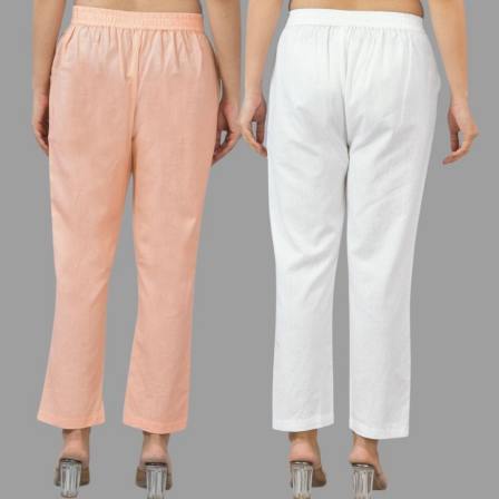 Combo of 2 Peach and White Cotton Flax Women Trouser Pants-11373