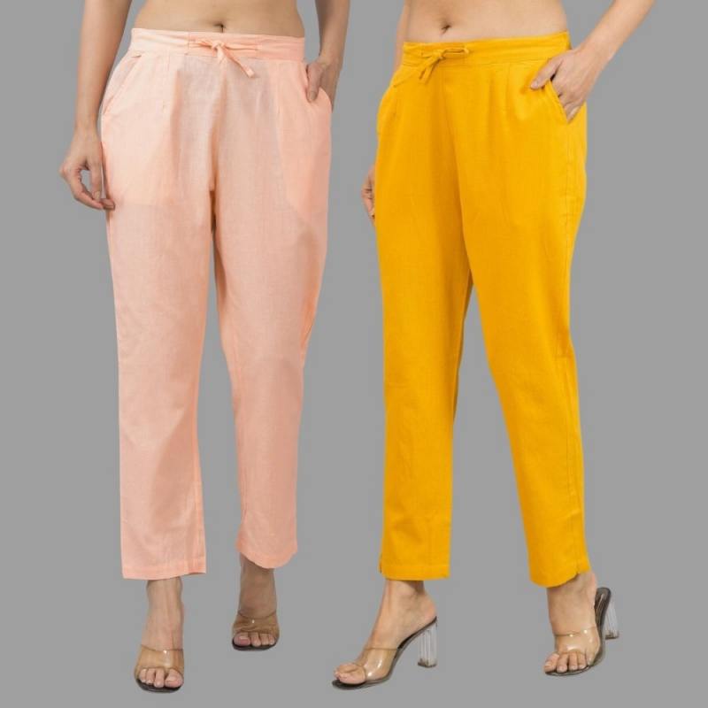 Combo of 2 Peach and Yellow Cotton Flax Women Trouser Pants-11374