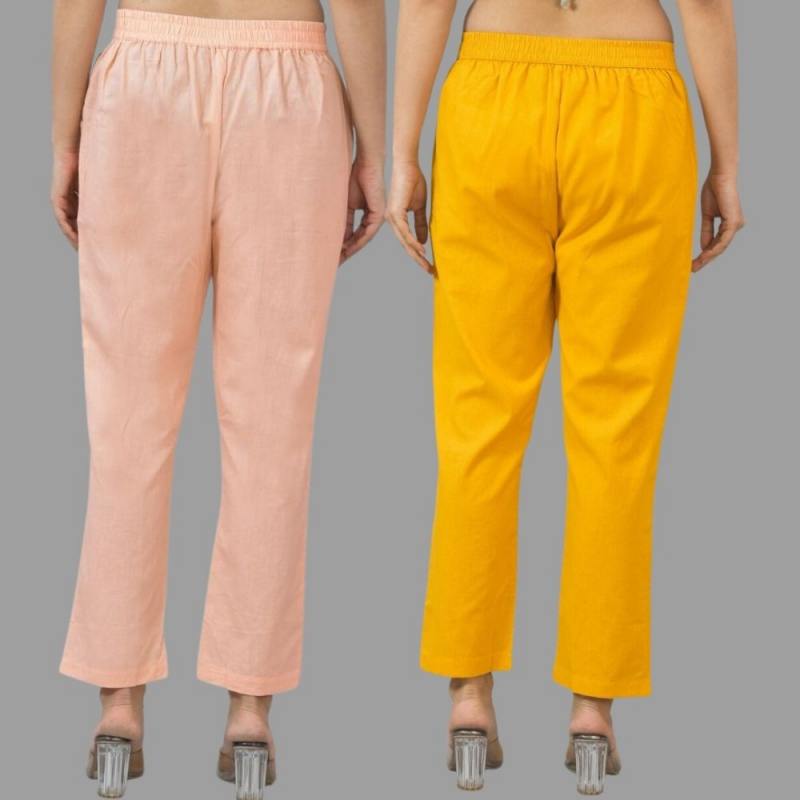 Combo of 2 Peach and Yellow Cotton Flax Women Trouser Pants-11374