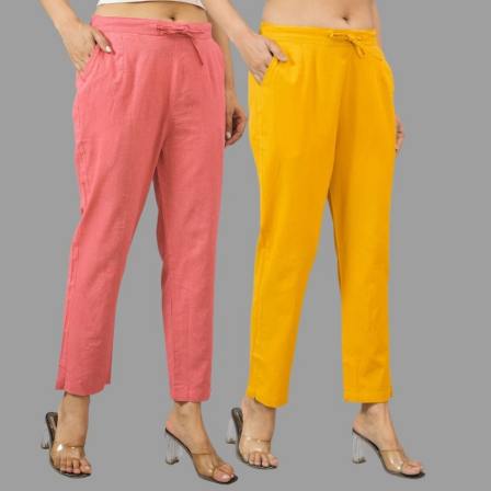 Combo of 2 Peach and Yellow Cotton Flax Women Trouser Pants-10411