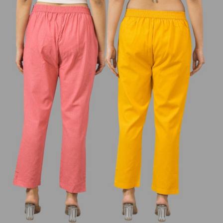 Combo of 2 Peach and Yellow Cotton Flax Women Trouser Pants-10411