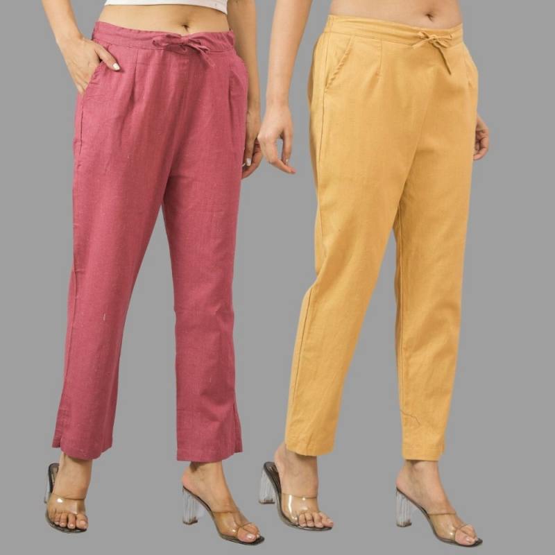Combo of 2 Pink and Beige Cotton Flax Women Trouser Pants-11379