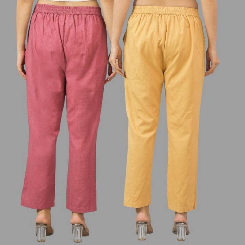 Combo of 2 Pink and Beige Cotton Flax Women Trouser Pants-11379