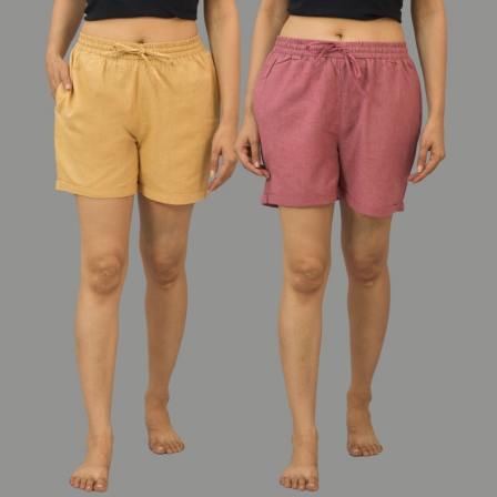 Combo of 2 Pink and Beige Cotton Women Shorts-10526