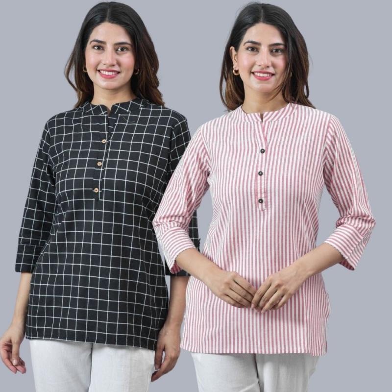 Combo of 2 Pink and Black Cotton Checks and Stripe Women Top-10452