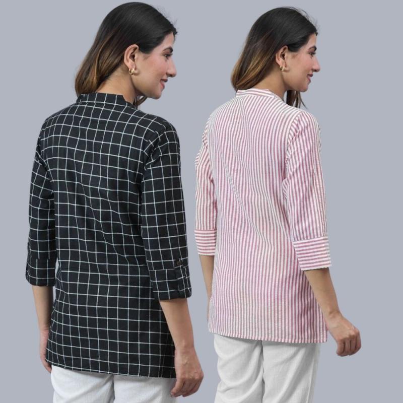 Combo of 2 Pink and Black Cotton Checks and Stripe Women Top-10452