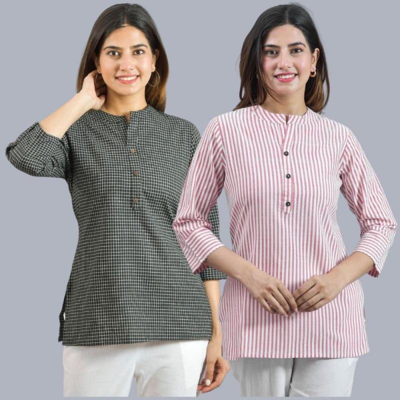 combo of 2 Pink and Black Cotton Checks and Stripe Women Top-10463