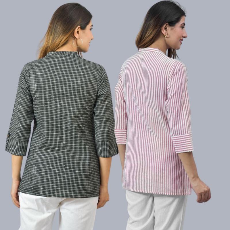 combo of 2 Pink and Black Cotton Checks and Stripe Women Top-10463