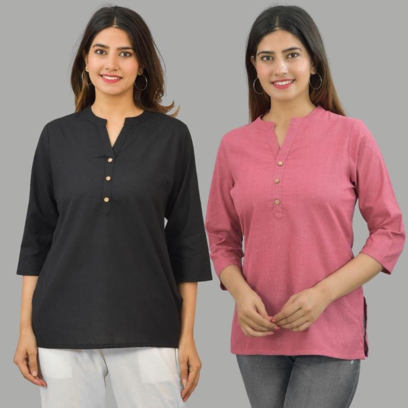 Combo of 2 Pink and Black Cotton Flax Women Top-10648