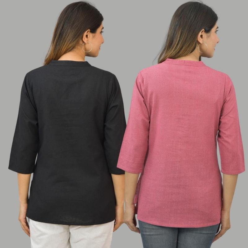 Combo of 2 Pink and Black Cotton Flax Women Top-10648