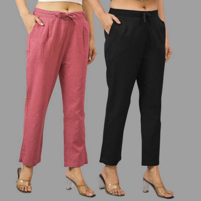 Combo of 2 Pink and Black Cotton Flax Women Trouser Pants-11378