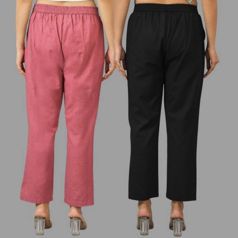 Combo of 2 Pink and Black Cotton Flax Women Trouser Pants-11378