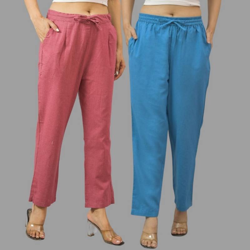 Combo of 2 Pink and Blue Cotton Flax Women Trouser Pants-11391