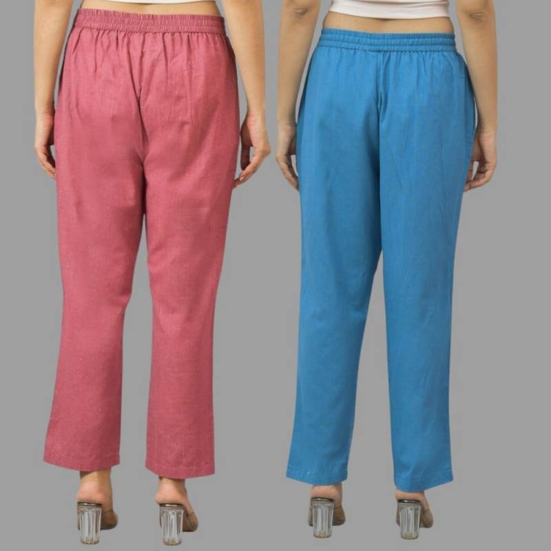 Combo of 2 Pink and Blue Cotton Flax Women Trouser Pants-11391