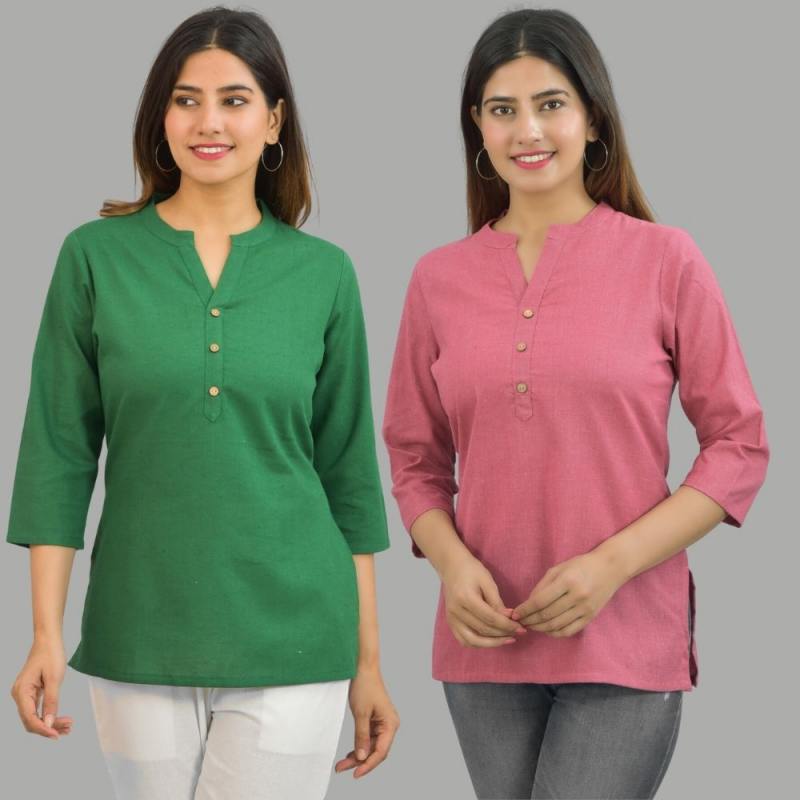Combo of 2 Pink and Bottle Green Cotton Flax Women Top-10636