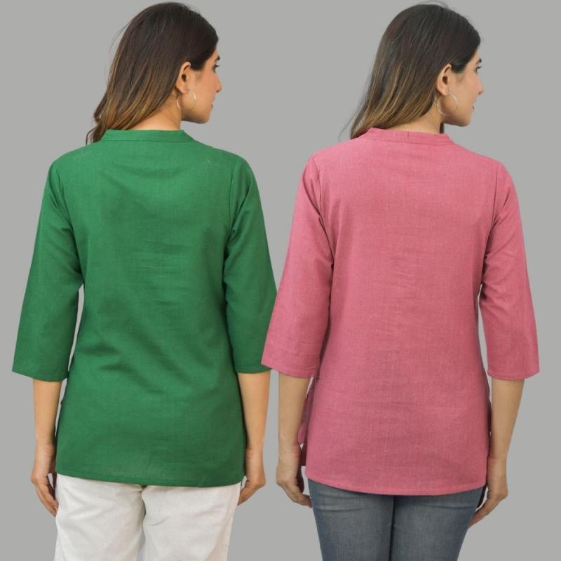 Combo of 2 Pink and Bottle Green Cotton Flax Women Top-10636