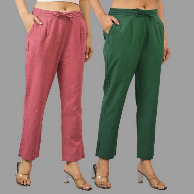 Combo of 2 Pink and Bottle Green Cotton Flax Women Trouser Pants-11380