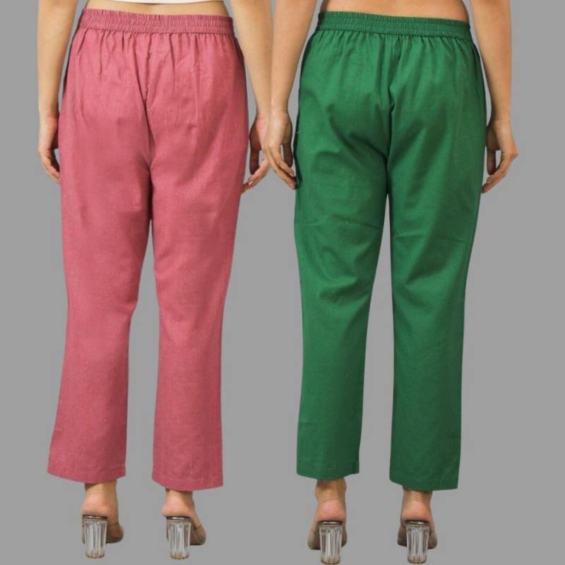 Combo of 2 Pink and Bottle Green Cotton Flax Women Trouser Pants-11380