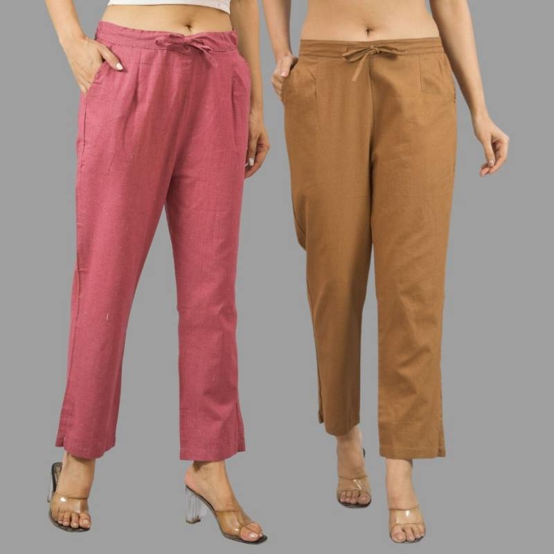 Combo of 2 Pink and Brown Cotton Flax Women Trouser Pants-11381