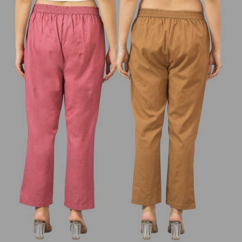 Combo of 2 Pink and Brown Cotton Flax Women Trouser Pants-11381