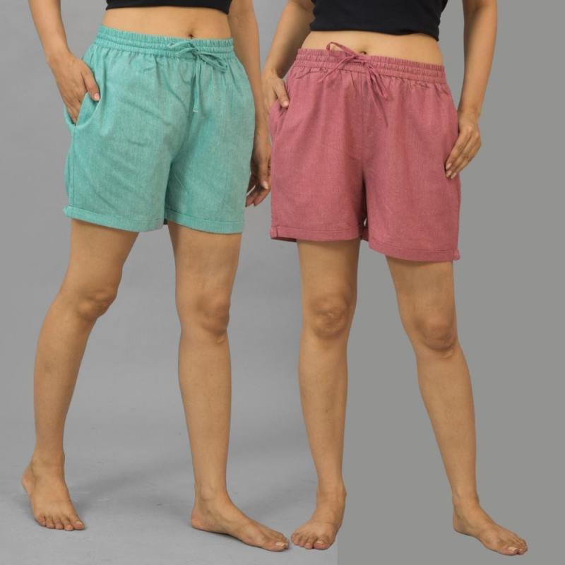 Combo of 2 Pink and Cyan Cotton Women Shorts-10547