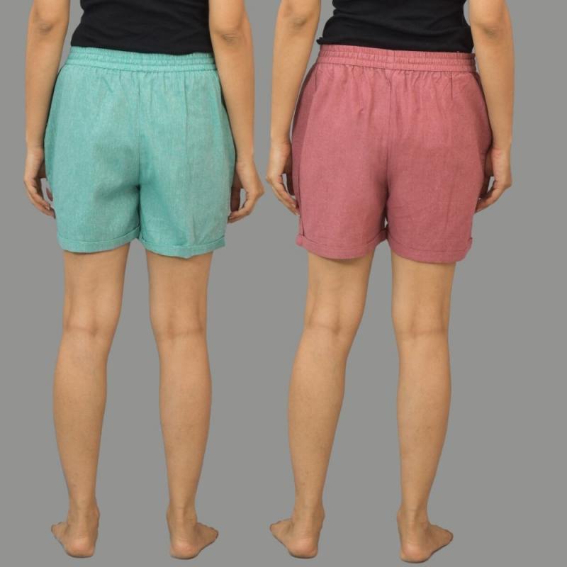 Combo of 2 Pink and Cyan Cotton Women Shorts-10547