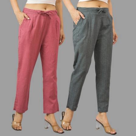 Combo of 2 Pink and Dark Gray Cotton Flax Women Trouser Pants-11376