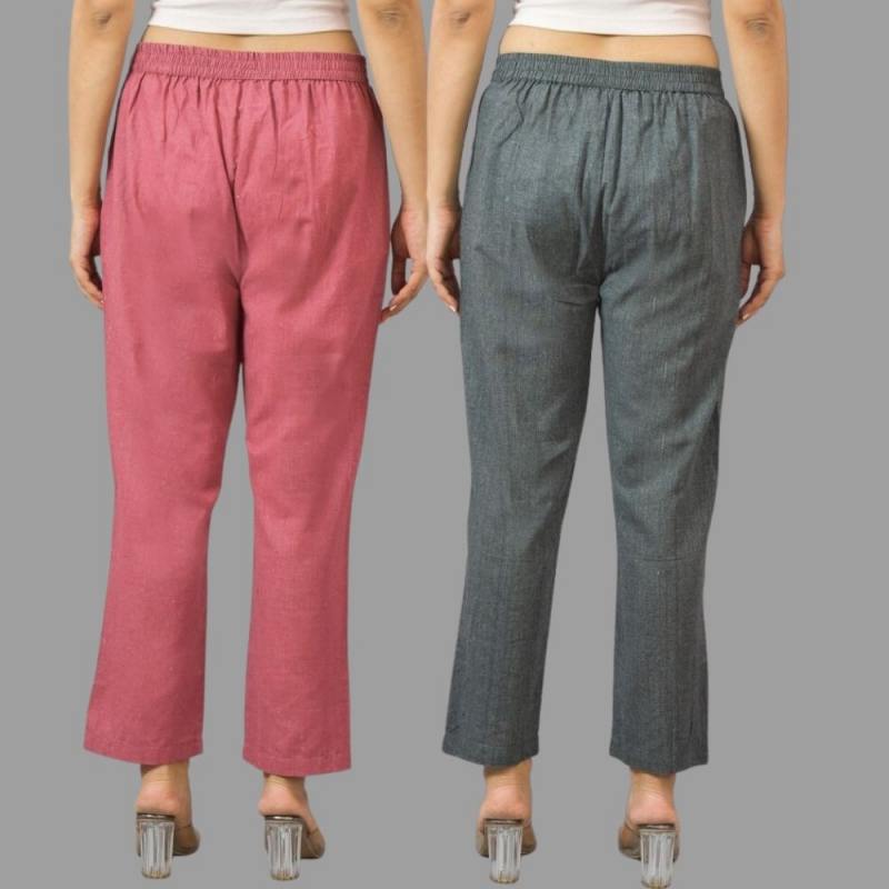 Combo of 2 Pink and Dark Gray Cotton Flax Women Trouser Pants-11376