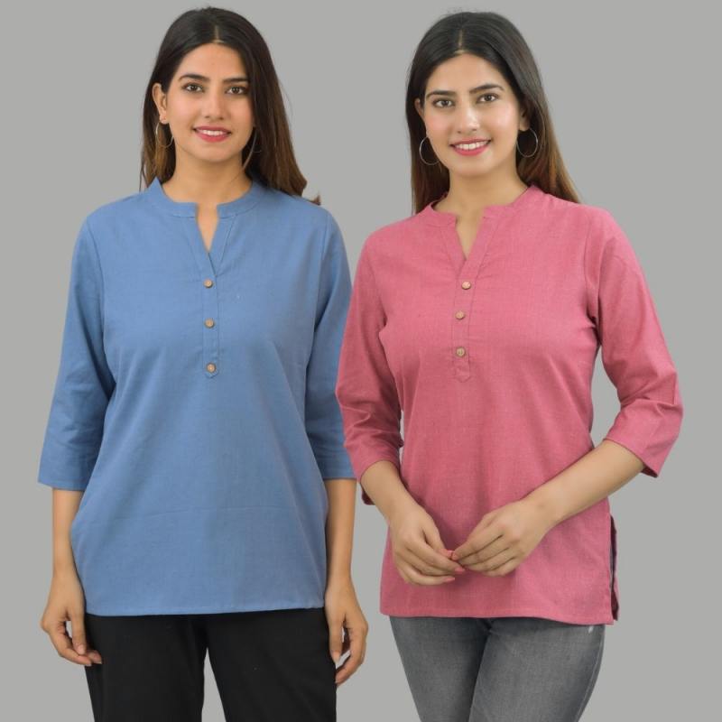 Combo of 2 Pink and Denim Blue Cotton Flax Women Top-10672