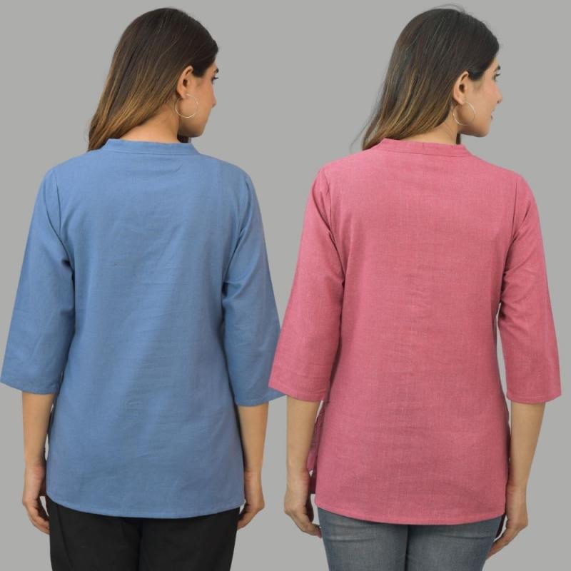 Combo of 2 Pink and Denim Blue Cotton Flax Women Top-10672