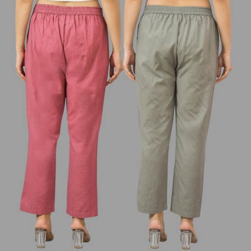 Combo of 2 Pink and Gray Cotton Flax Women Trouser Pants-11383