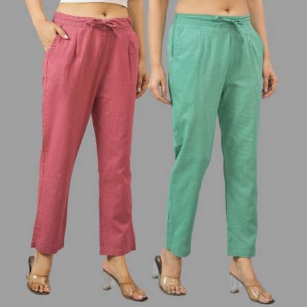 Combo of 2 Pink and Green Cotton Flax Women Trouser Pants-11382