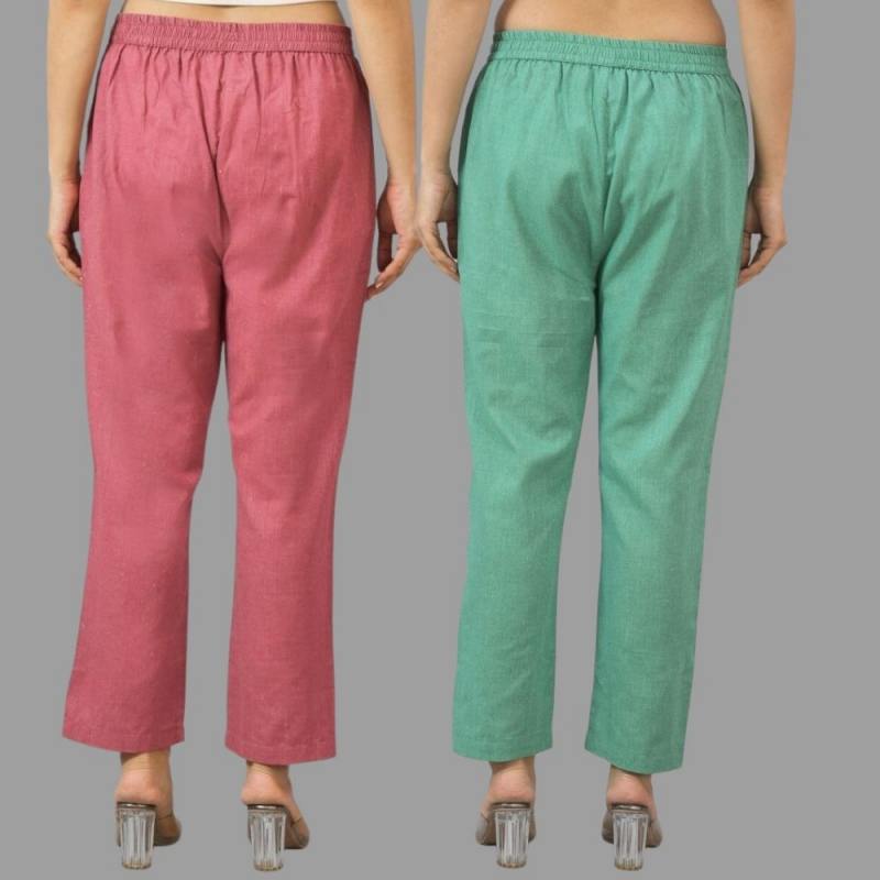 Combo of 2 Pink and Green Cotton Flax Women Trouser Pants-11382