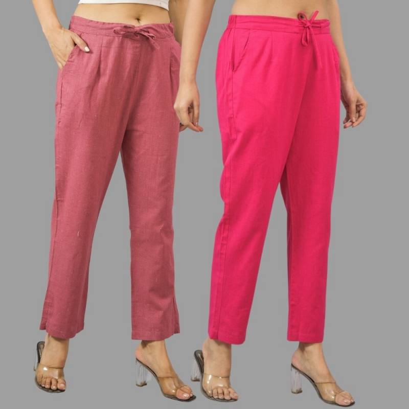 Combo of 2 Pink and Magenta Pink Cotton Flax Women Trouser Pants-11385