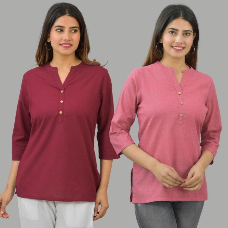 Combo of 2 Pink and Maroon Cotton Flax Women Top-10660