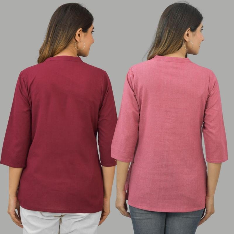 Combo of 2 Pink and Maroon Cotton Flax Women Top-10660