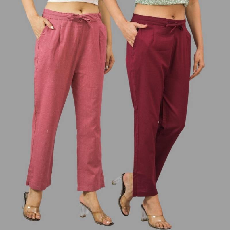Combo of 2 Pink and Maroon Cotton Flax Women Trouser Pants-11384