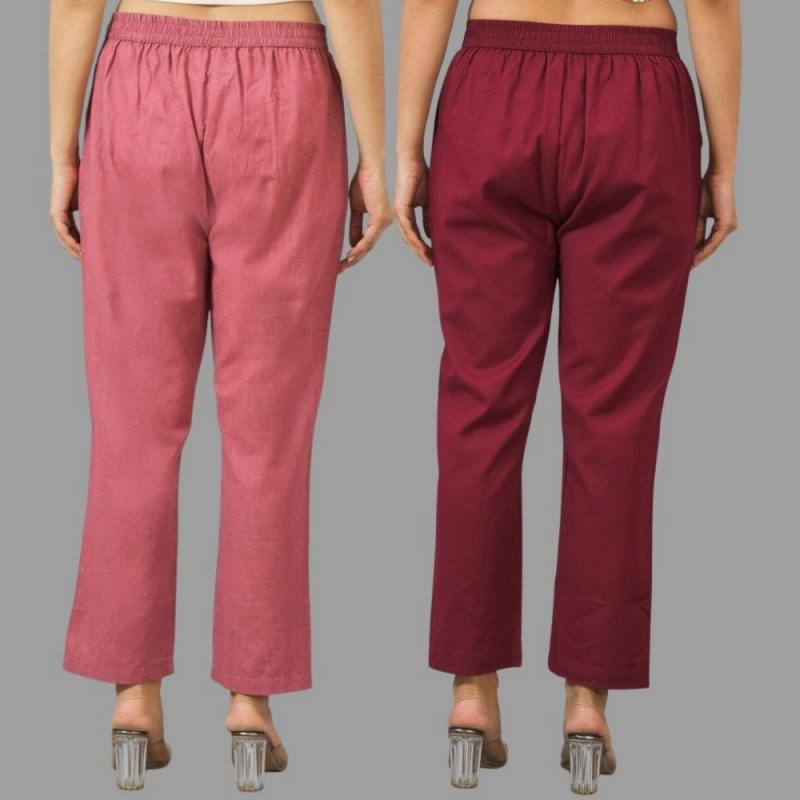 Combo of 2 Pink and Maroon Cotton Flax Women Trouser Pants-11384