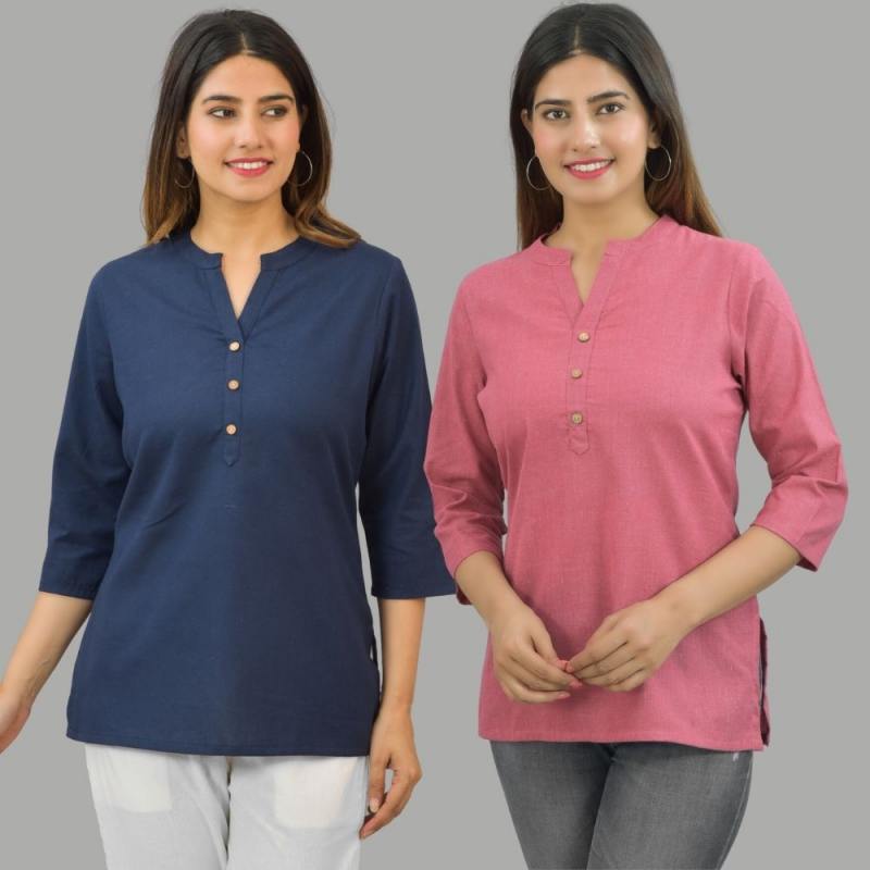 Combo of 2 Pink and Navy Blue Cotton Flax Women Top-10642