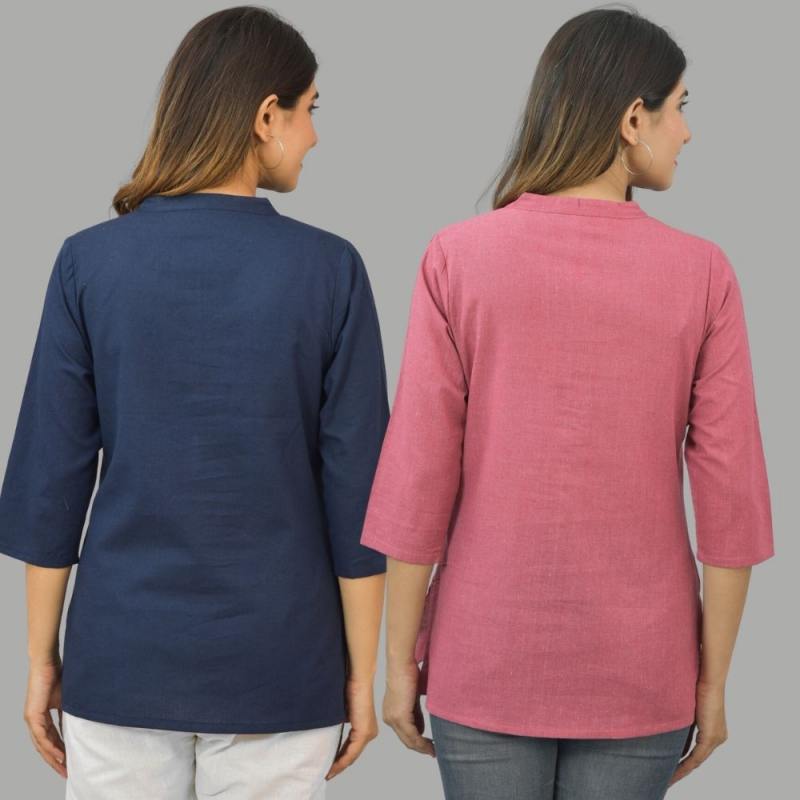 Combo of 2 Pink and Navy Blue Cotton Flax Women Top-10642