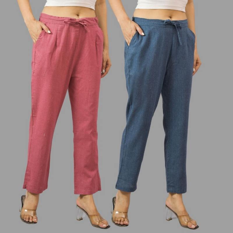 Combo of 2 Pink and Navy Blue Cotton Flax Women Trouser Pants-11377