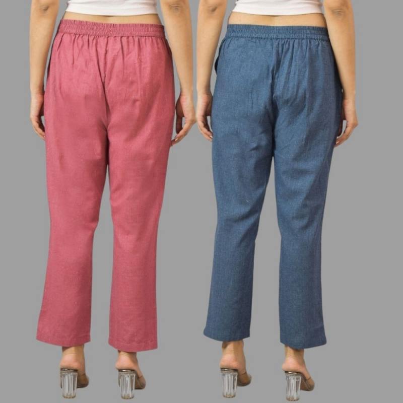 Combo of 2 Pink and Navy Blue Cotton Flax Women Trouser Pants-11377