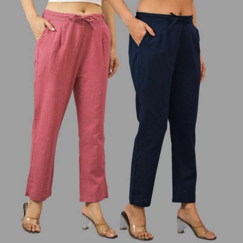 Combo of 2 Pink and Navy Blue Cotton Flax Women Trouser Pants-11386