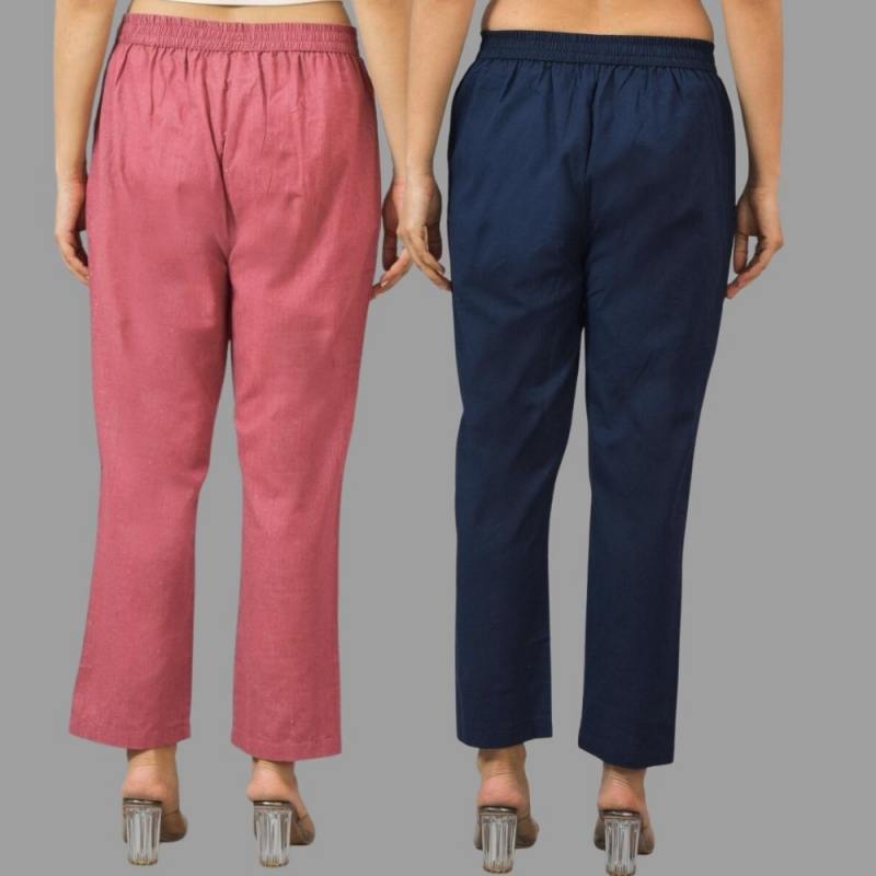 Combo of 2 Pink and Navy Blue Cotton Flax Women Trouser Pants-11386